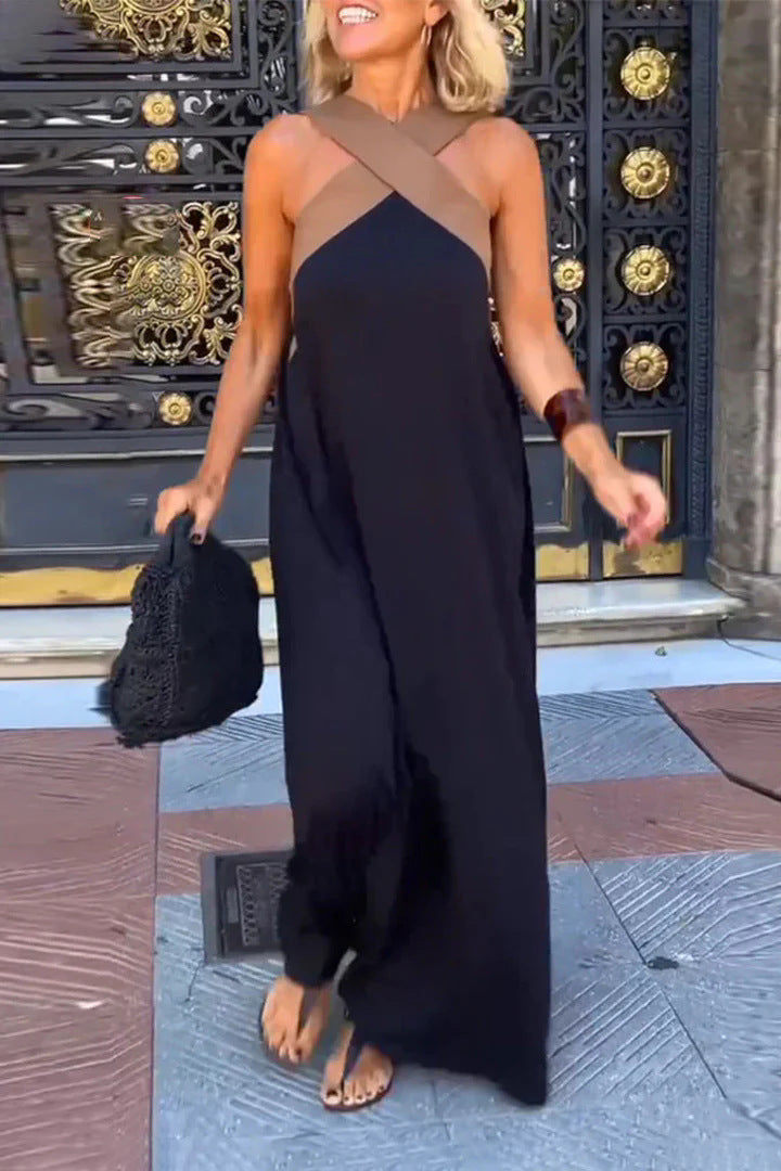 Women's cross neck flowy maxi dress, perfect for casual evenings. Elegant & comfortable.