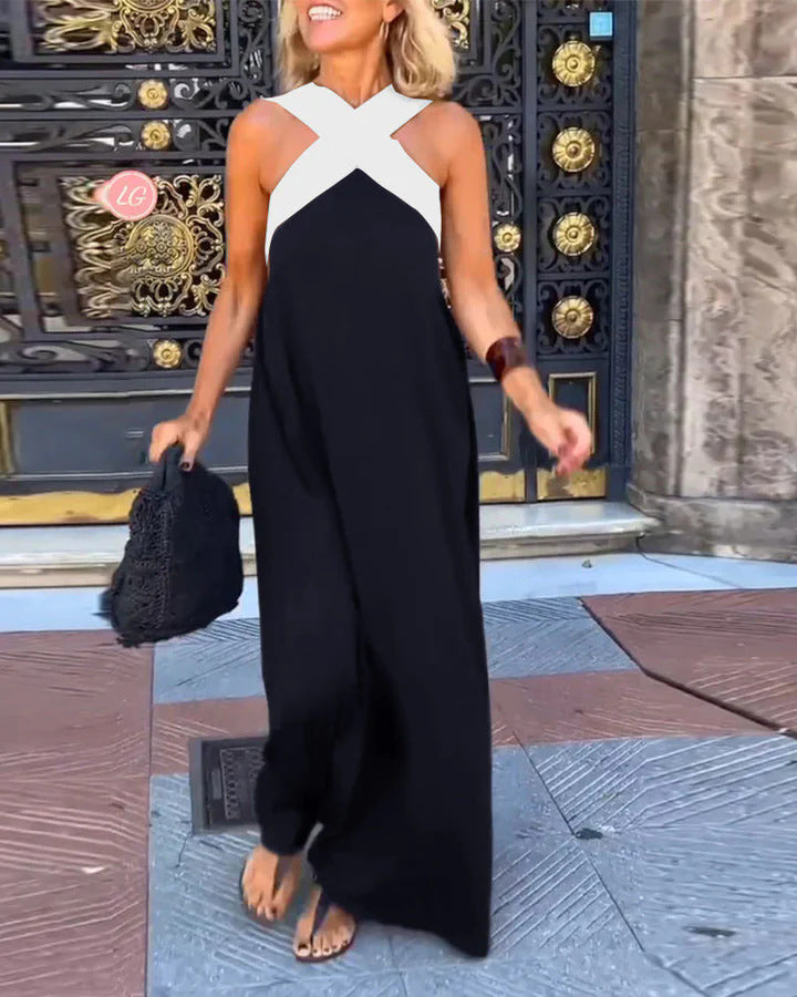 Comfortable women's casual maxi dress with a stylish cross neck, flowy for relaxed evenings.