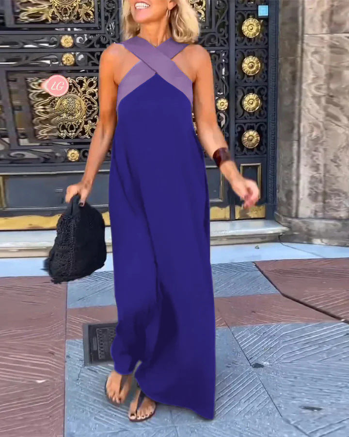 Perfect women's flowy cross neck maxi dress for elegant casual evenings & summer events.