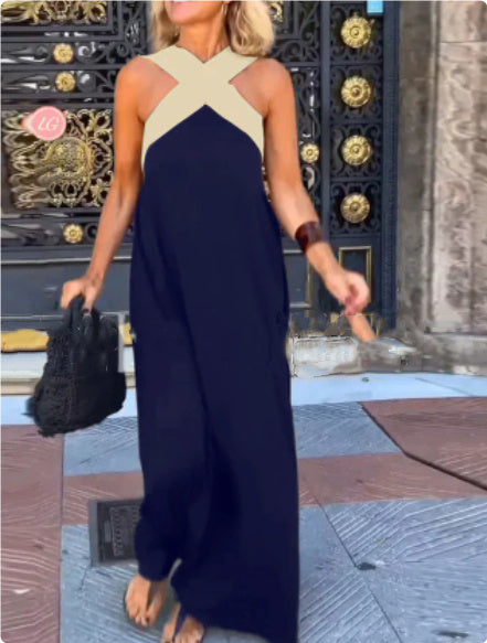 Chic cross neck flowy maxi dress for women, providing a comfortable and elegant casual evening look.