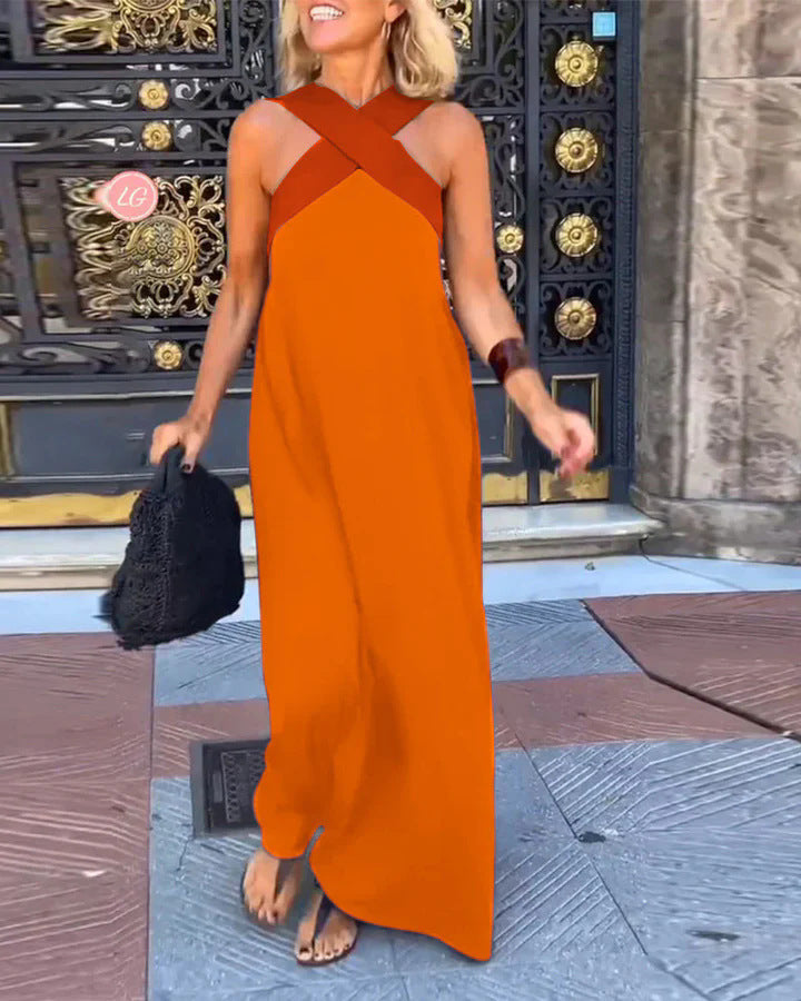 Women's elegant flowy maxi dress with cross neck. Comfortable, long & perfect for casual wear.