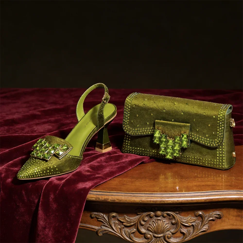 Luxurious women's crystal embellished party heels and matching clutch bag for a glamorous look.
