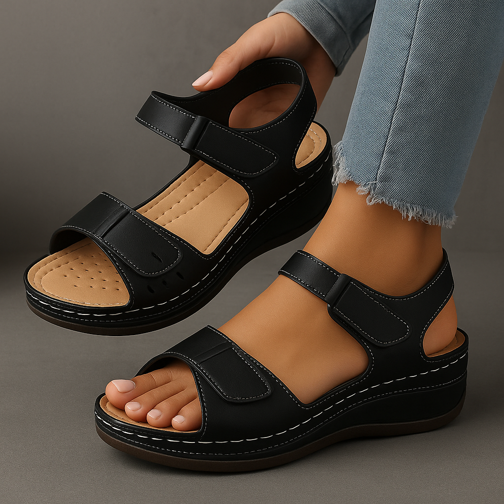 Supportive ladies' wedge sandals, adjustable straps provide secure fit, cushioned for long-lasting casual wear.