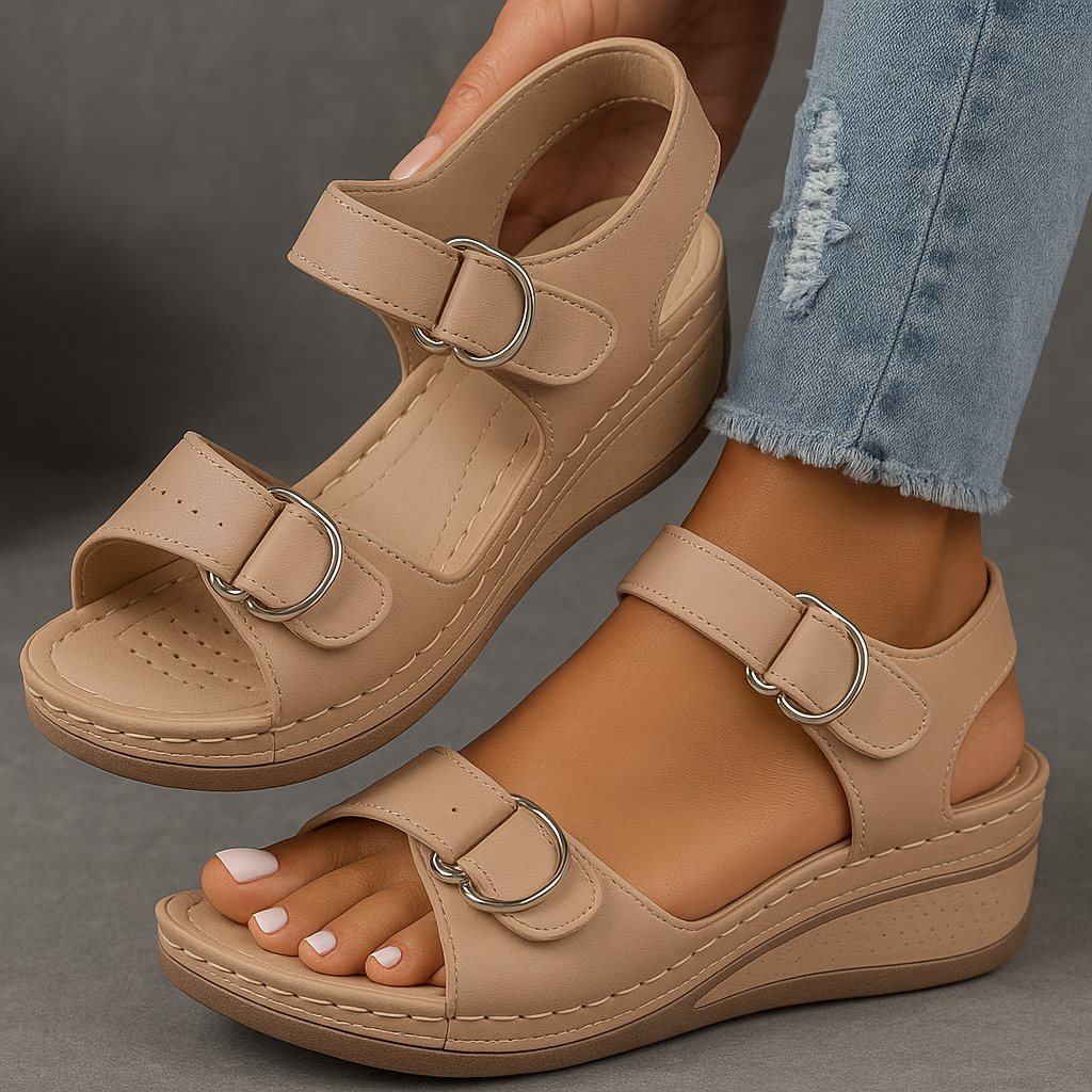Women's adjustable strap wedge sandals, deeply cushioned for all-day comfort, perfect casual summer style.