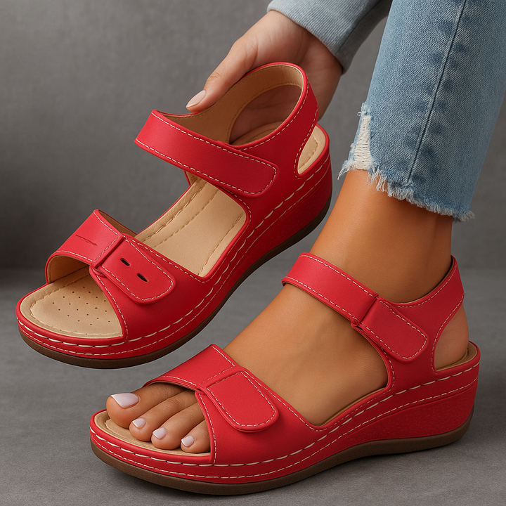 Ergonomic women's casual sandals with adjustable hook-and-loop straps, cushioned wedge for easy walking.