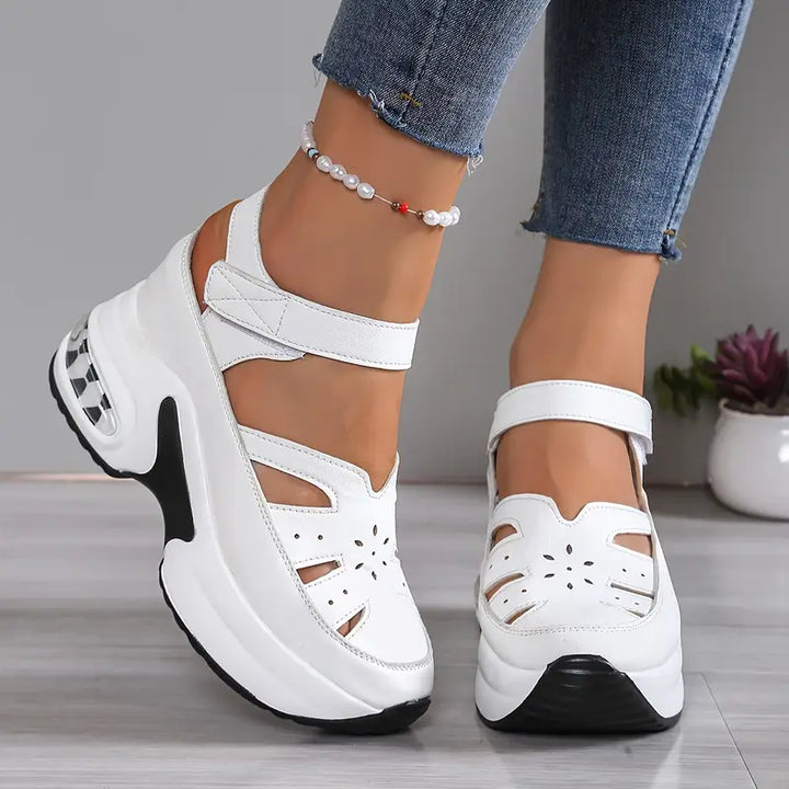 Breathable cutout wedge sandals for women, cushioned platform for comfortable summer walking shoes.