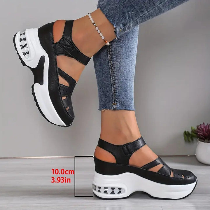 Summer women's wedge sandals with breathable cutouts, cushioned platform, ideal for walking & everyday comfort.
