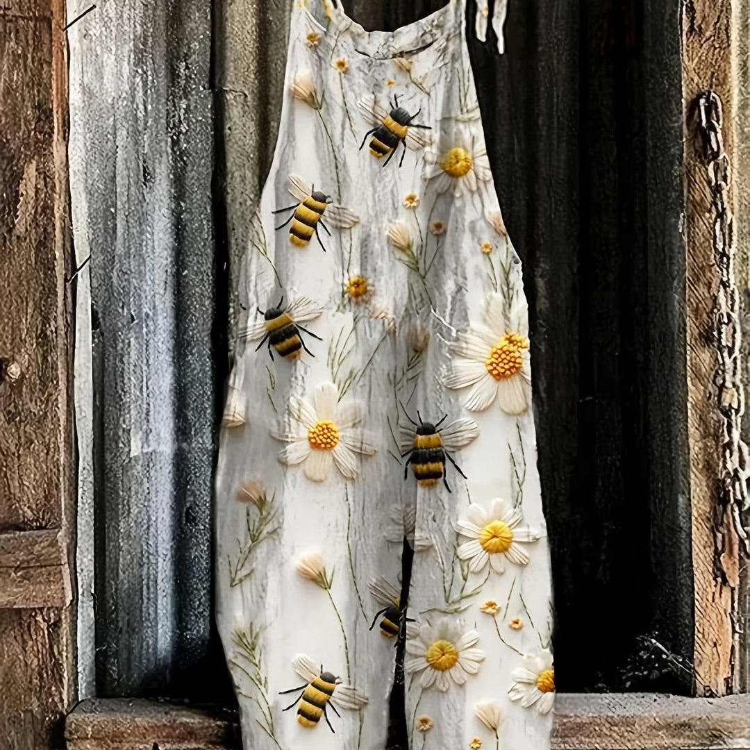 Stylish women's daisy bee print wide-leg casual jumpsuit with charming tie-shoulders and pockets.