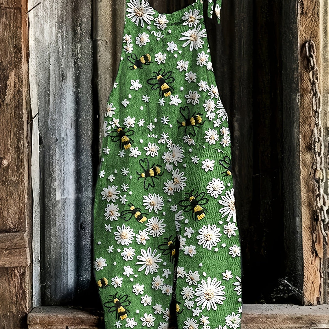 Elegant yet casual women's jumpsuit featuring a cheerful daisy bee pattern and comfortable tie-shoulder straps.