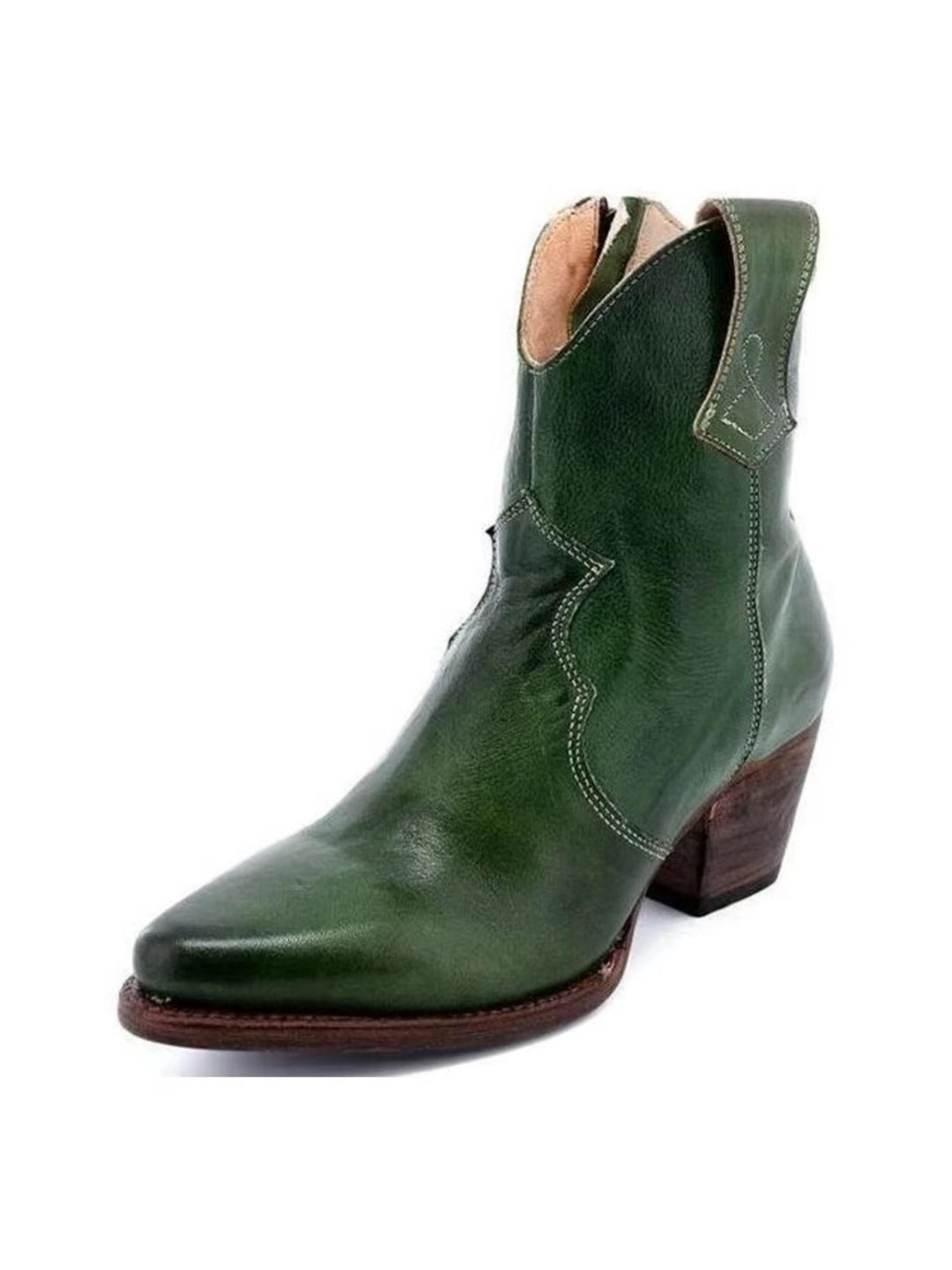 Women's dark green snip toe ankle cowgirl boots with side zip & block heel, perfect for chic western style.