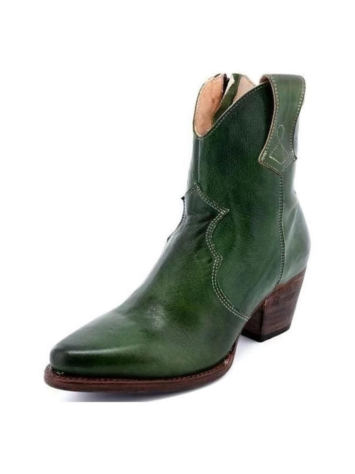 Women's dark green snip toe ankle cowgirl boots with side zip & block heel, perfect for chic western style.