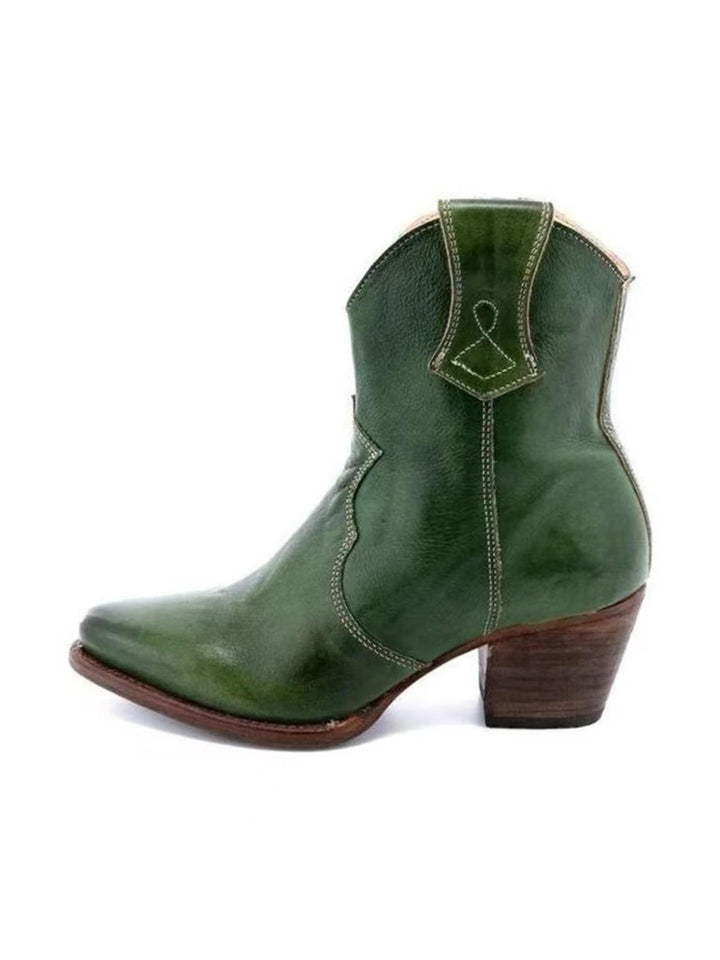 Stylish dark green women's cowgirl ankle boots. Features a comfortable block heel, snip toe, and convenient side zip.