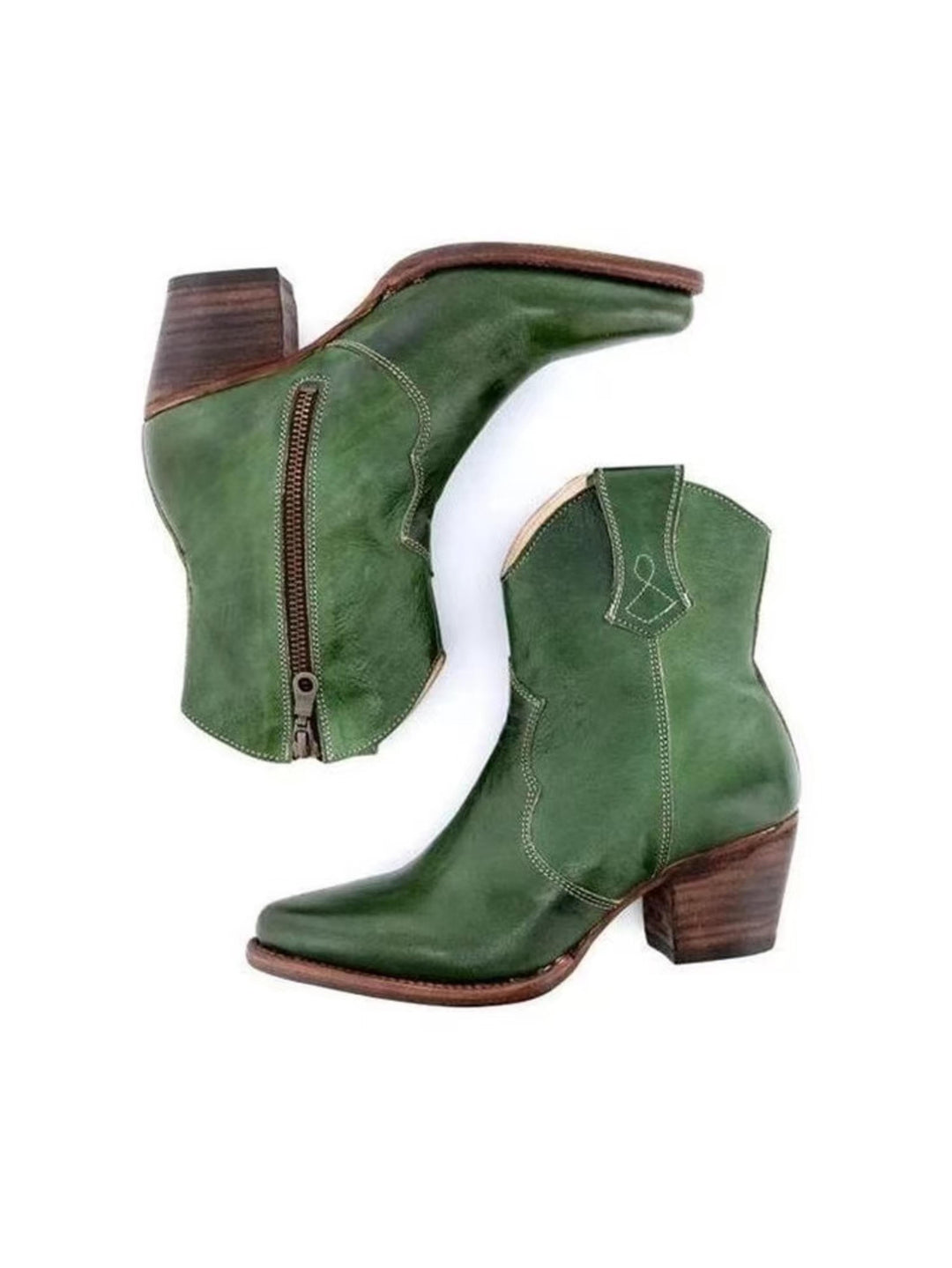 Versatile dark green snip toe ankle boots for women, western fashion with easy side zip and stable block heel.