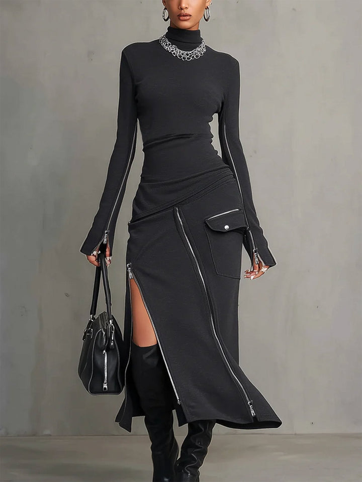 Women's dark grey turtleneck two-piece set with long sleeve top & zipper midi skirt; trendy, modern chic outfit.