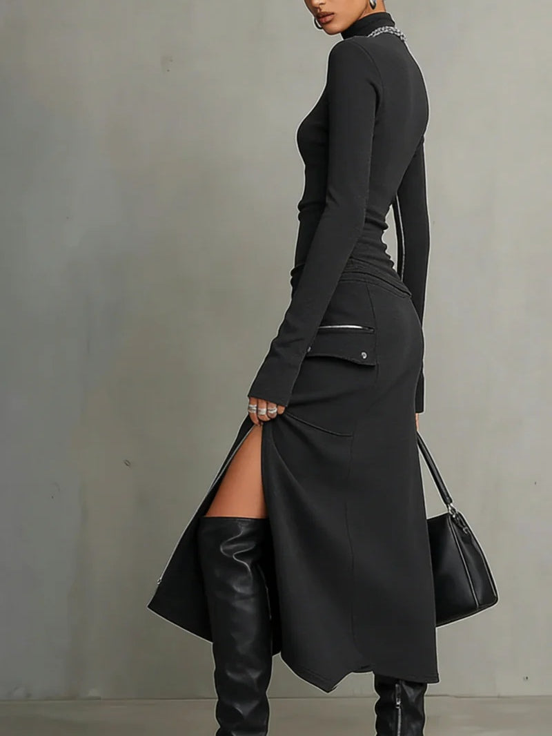 Stylish dark grey women's turtleneck set featuring a long sleeve top & zipper midi skirt with an asymmetric hem.