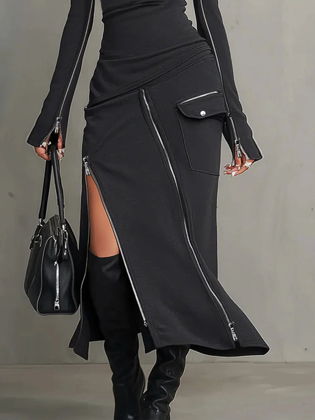 Trendy dark grey women's turtleneck long sleeve top & matching zipper midi skirt set; modern casual outfit.