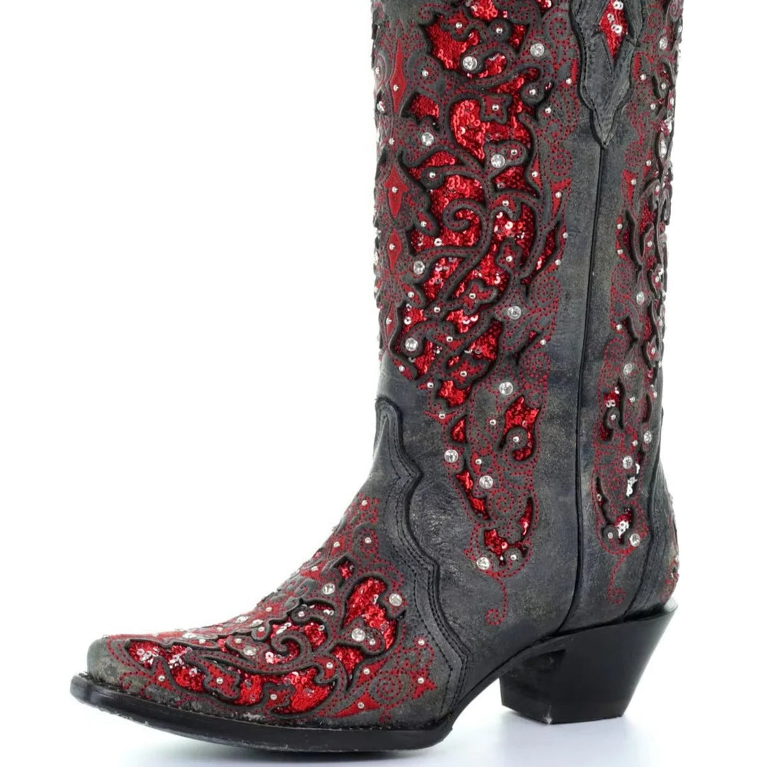 Women's dazzling sequin & embroidered knee-high boots with pointed toe & comfortable block heel. Retro party style.