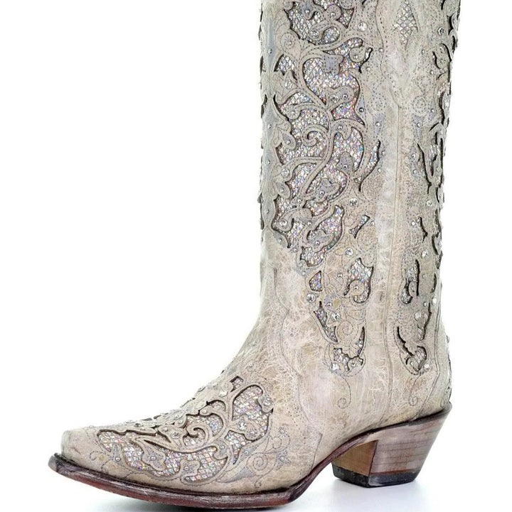 Stylish women's sequin & embroidered pointed-toe block-heel boots, perfect for retro party fashion.