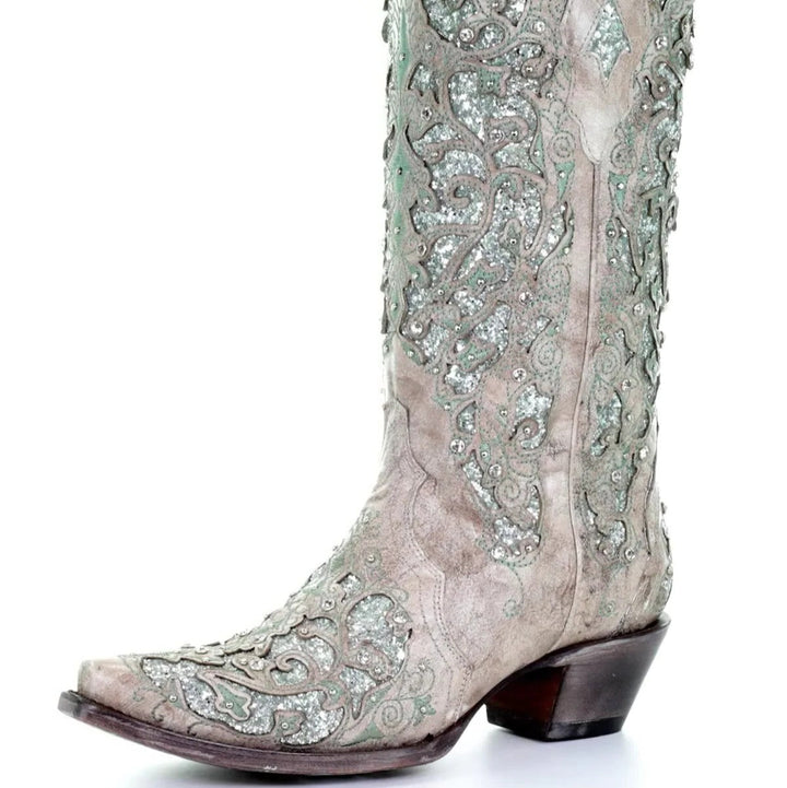 Embroidered sequin women's fashion boots featuring a chic pointed toe & sturdy block heel. Statement party wear.