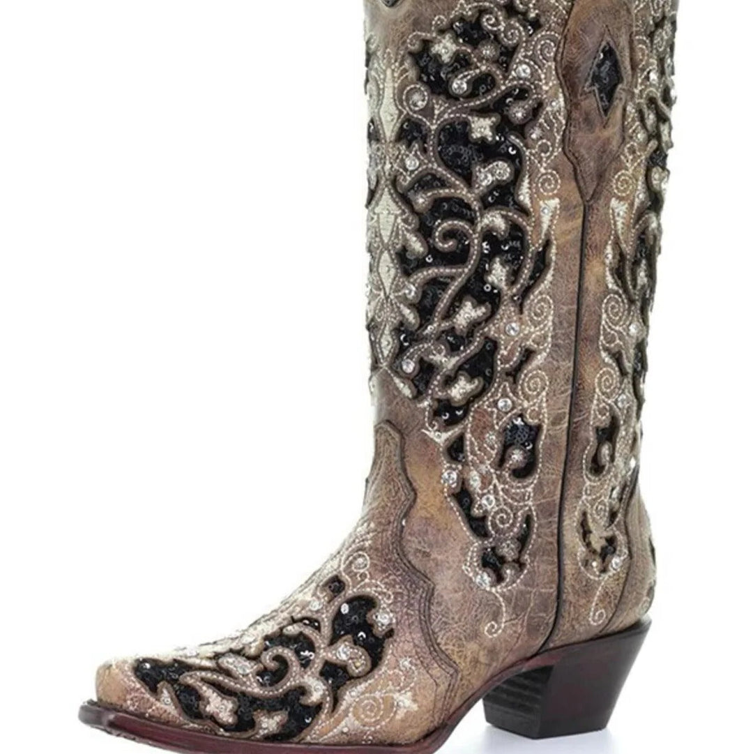 Retro-style women's sequin boots, intricately embroidered, with a fashionable pointed toe & stable block heel.