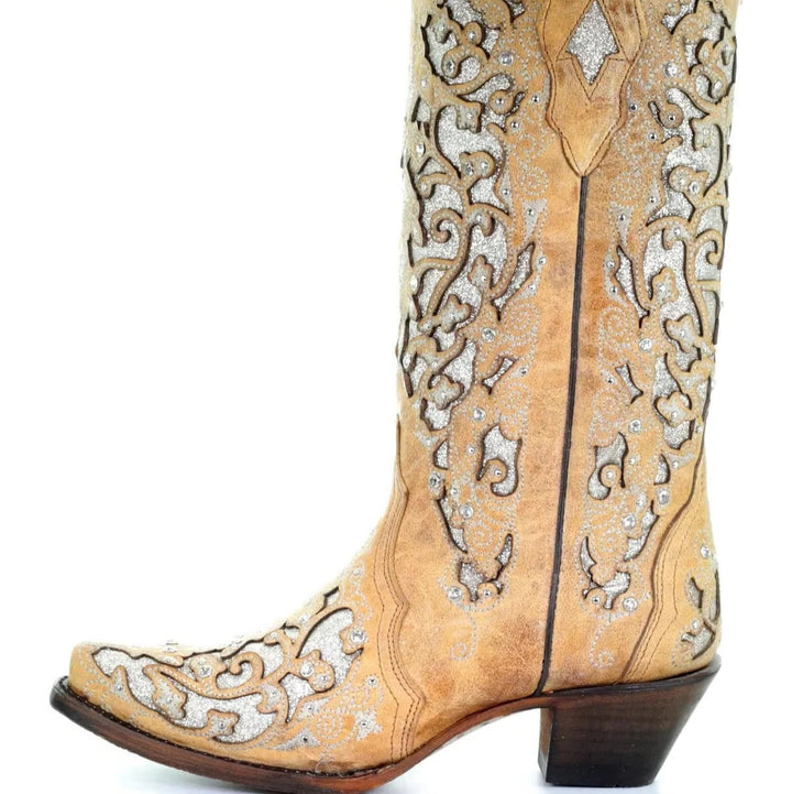 Statement women's sequin & embroidered knee-high boots. Features pointed toe, block heel, & vibrant party design.