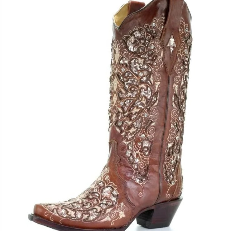 Fashionable color block sequin & embroidered women's boots with pointed toe & comfortable block heel.