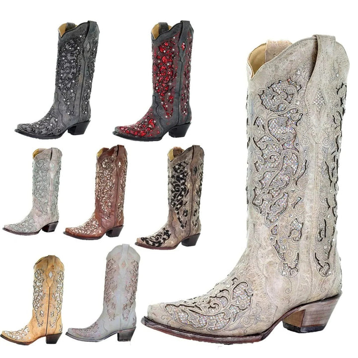Women's elegant sequin & embroidered fashion boots. Pointed toe, sturdy block heel, perfect for stylish outfits.