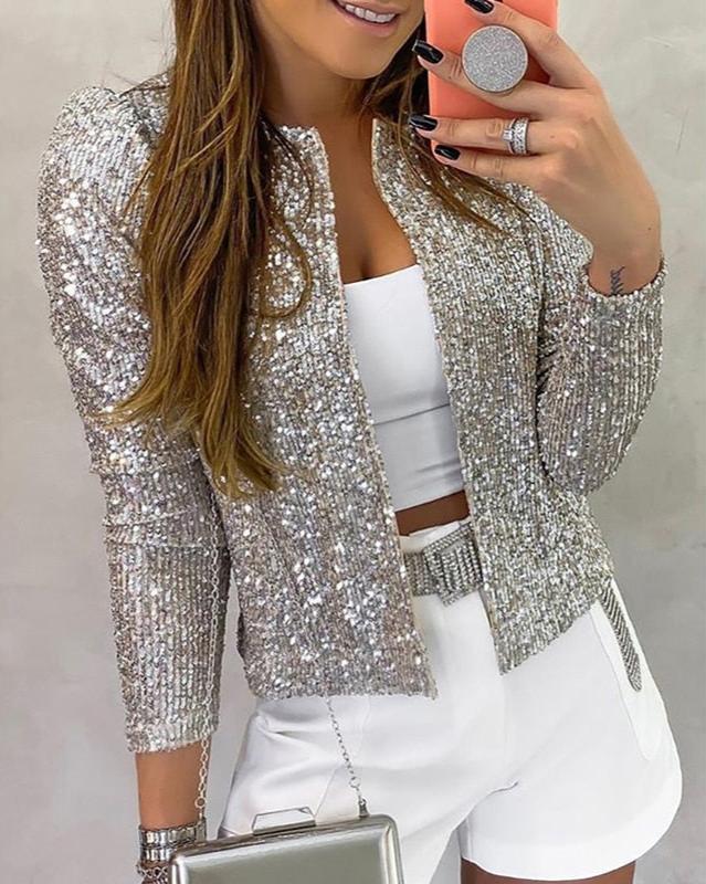 Dazzling women's sequin jacket, open-front design for glamorous evenings & party fashion.