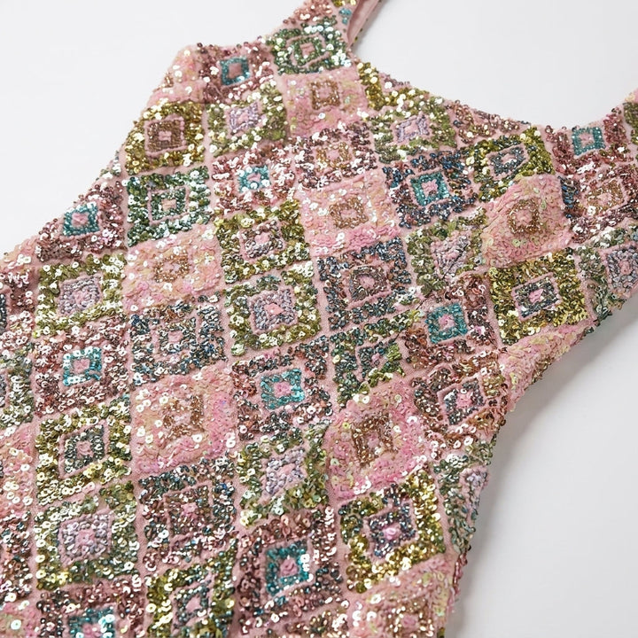 Elegant square neck sequin mini dress, perfect for cocktail parties.