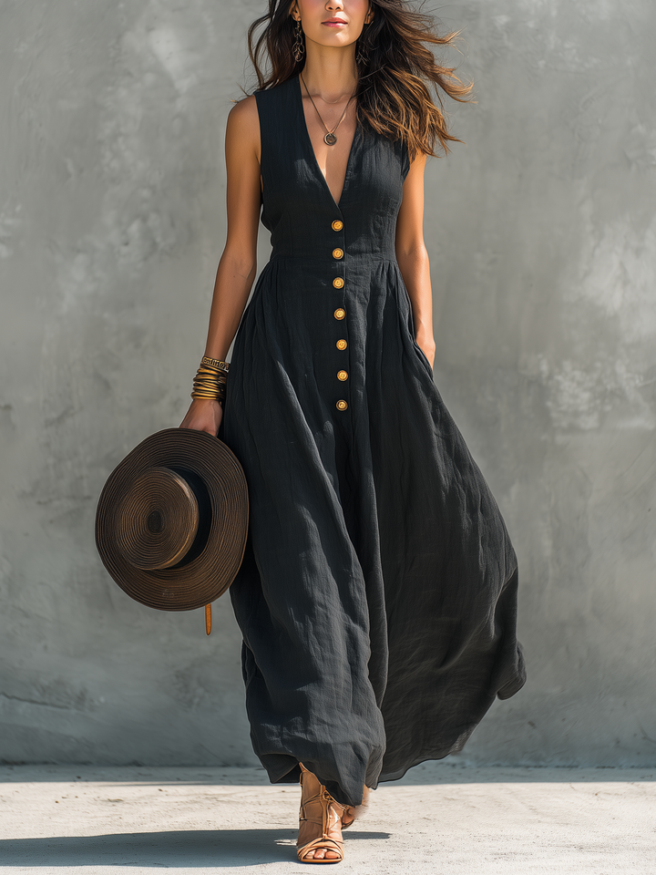 Women's deep V-neck button front sleeveless maxi dress, perfect for casual summer wear or elegant evening events.