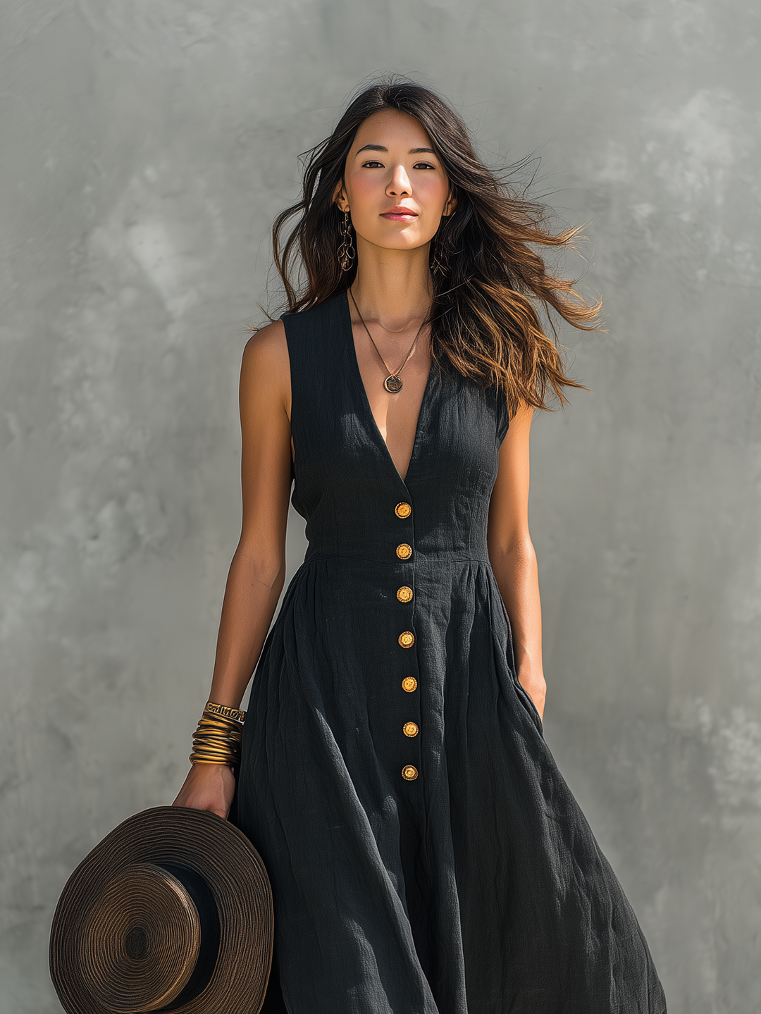 Flowy women's sleeveless maxi dress with deep V-neck & button front, ideal for beach, travel, or boho chic style.