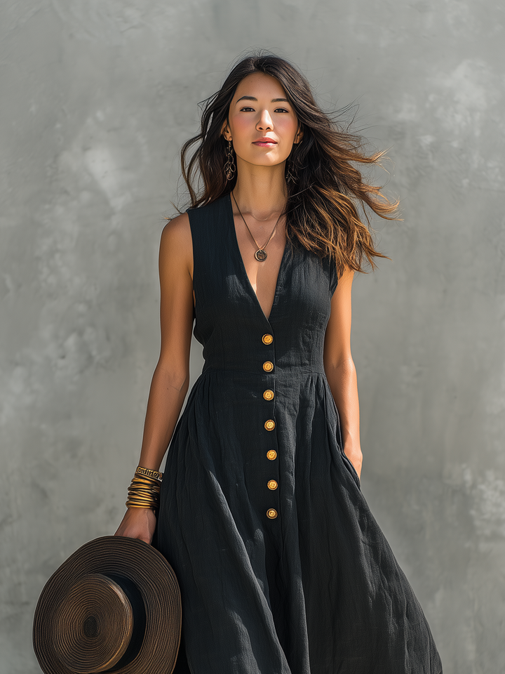 Flowy women's sleeveless maxi dress with deep V-neck & button front, ideal for beach, travel, or boho chic style.