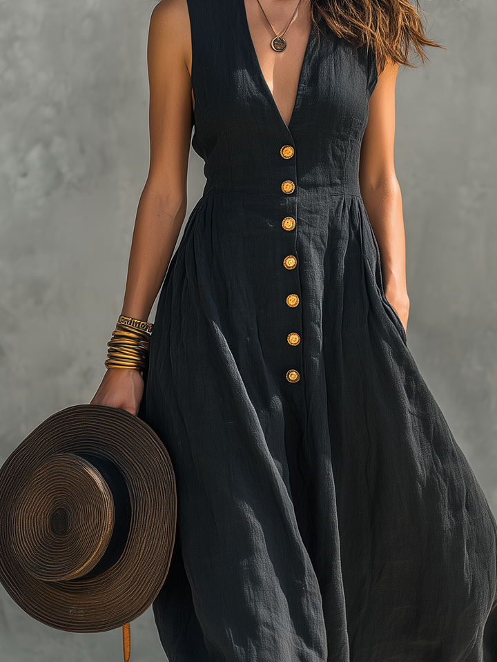 Boho women's sleeveless deep V-neck maxi dress featuring full button front, suitable for summer casual or dressy looks.