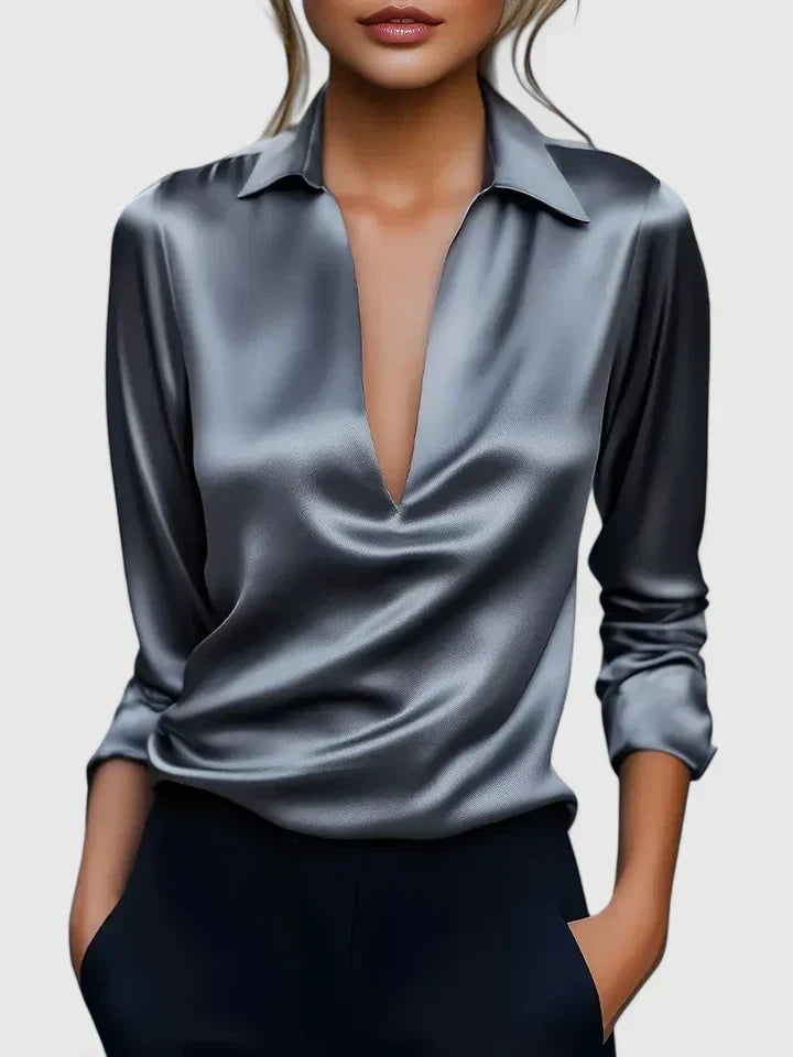 Versatile women's long sleeve blouse with a deep V-neck and draped design, perfect for office or evening.