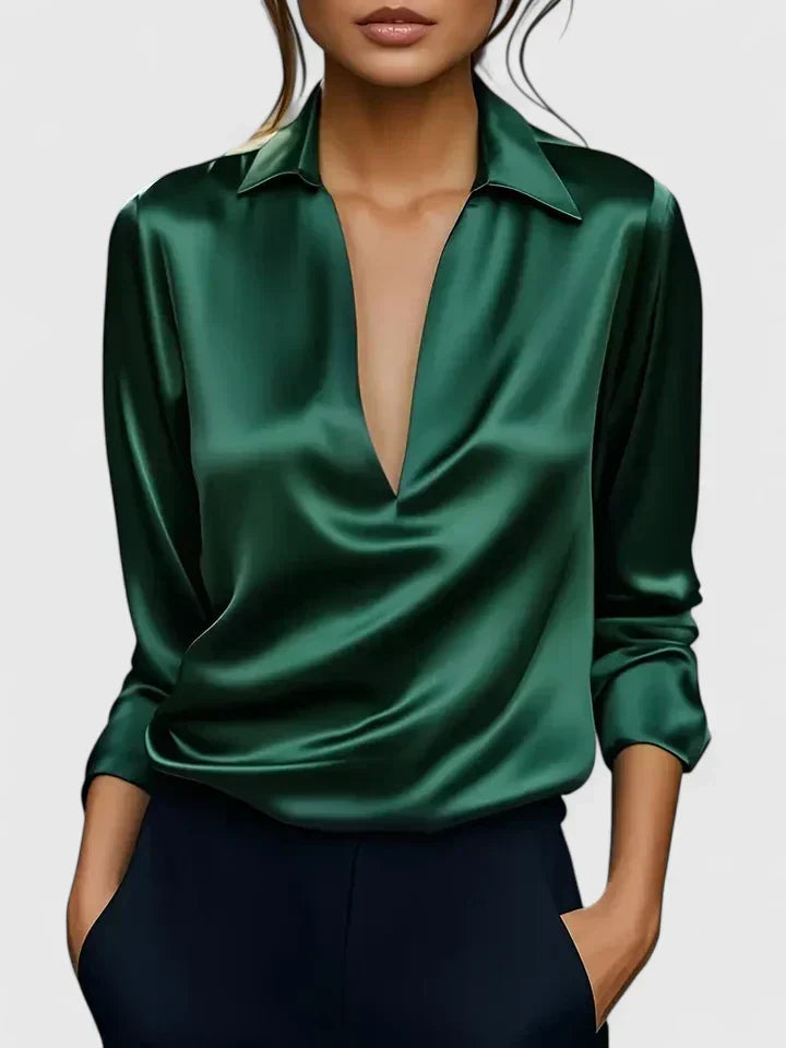 Fashionable women's blouse, deep V-neck, draped long sleeves, and a comfortable relaxed fit.