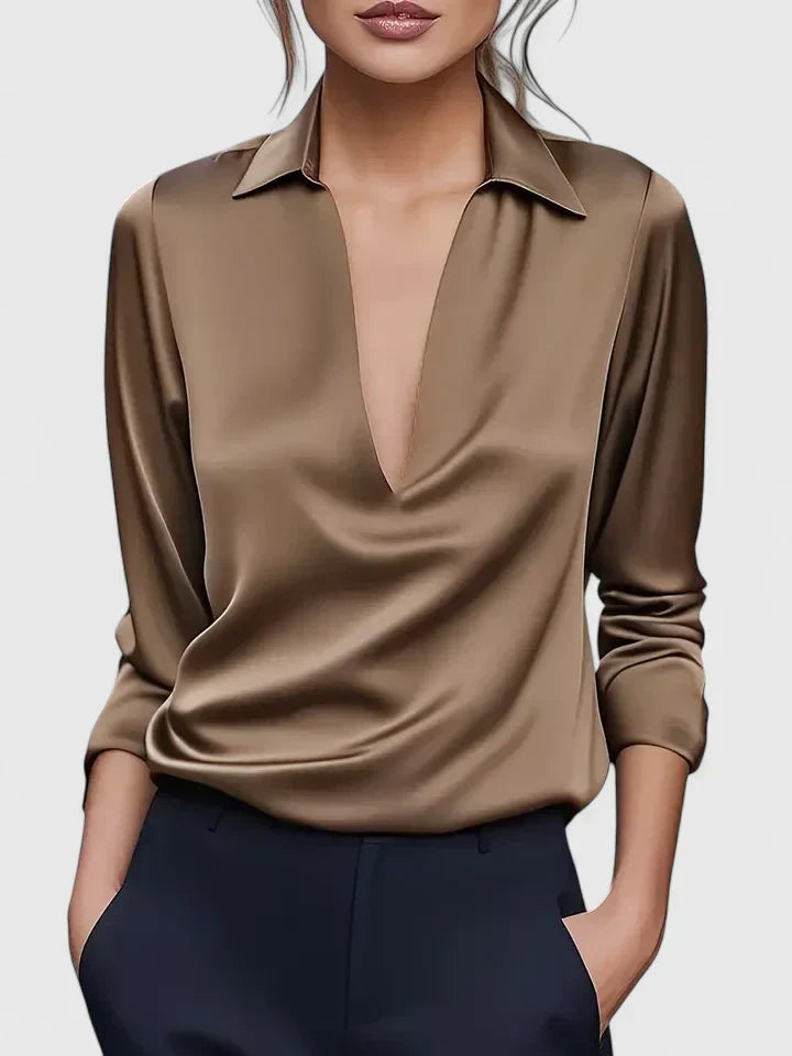 Casual chic women's deep V-neck blouse, relaxed fit, and stylish draped long sleeves for everyday fashion.