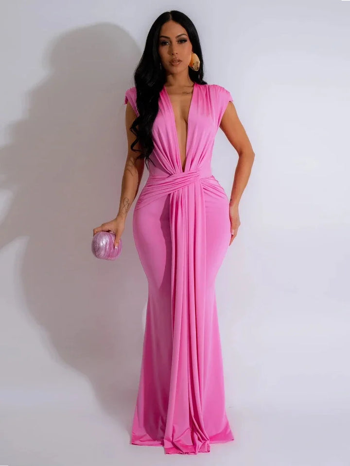 Stylish women's bodycon maxi dress, deep V-neck, draped fabric. Perfect sleeveless long dress for evening parties & events.