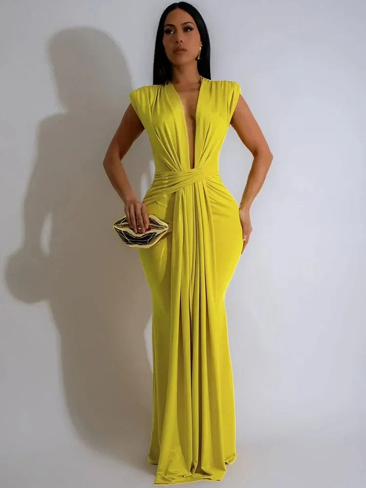 Elegant formal women's maxi dress with deep V-neck, draped bodycon fit, and stylish side slit. Perfect party wear.