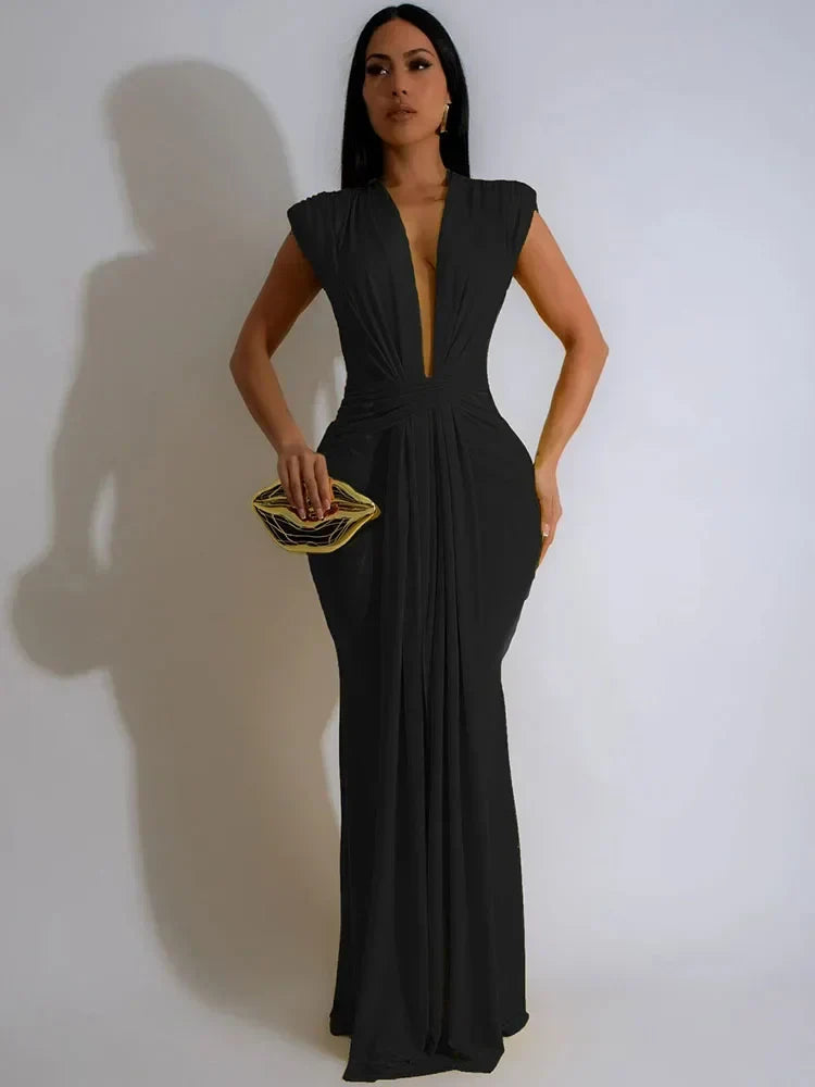 Versatile women's deep V-neck maxi dress, draped bodycon style with side slit. Ideal for parties, evening or formal events.