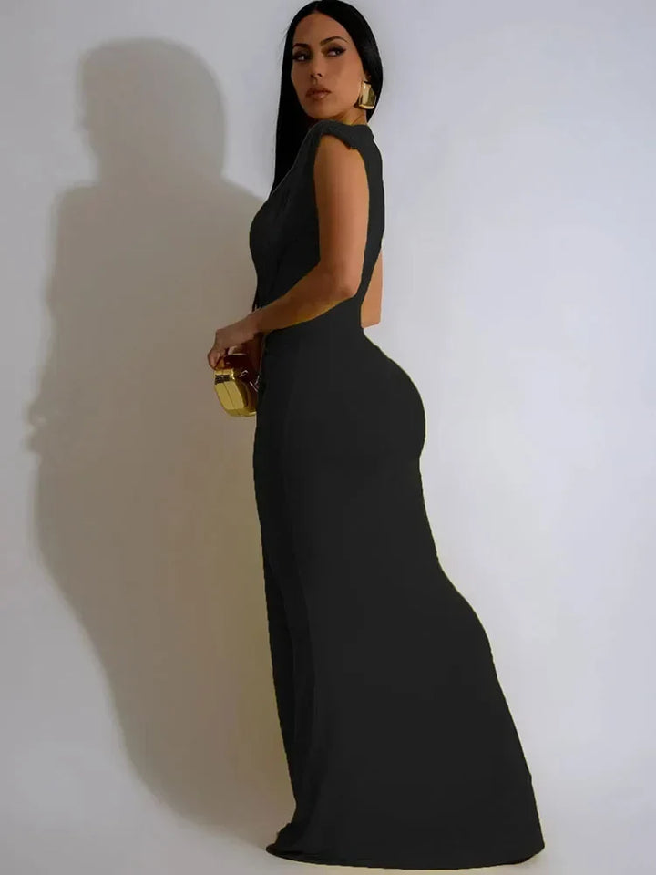 Chic women's bodycon maxi dress. Draped deep V-neck, sleeveless, side slit. Elegant for evening, party & formal wear.