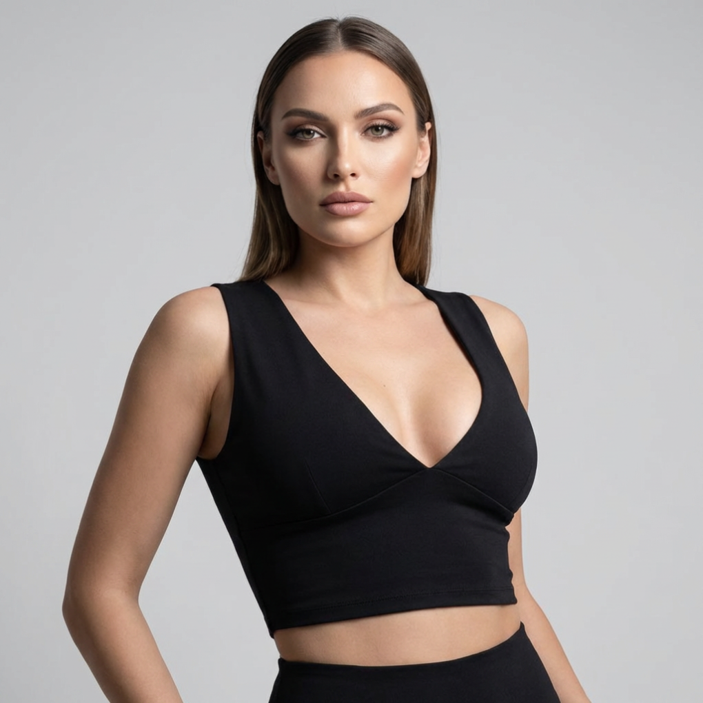 Women's deep V-neck racerback crop top with stylish front cutout. Perfect for trendy summer fashion and casual wear.