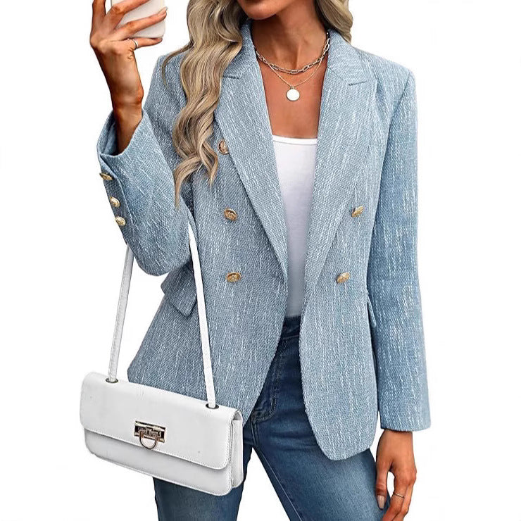 Women's double-breasted open front blazer with elegant gold buttons. Perfect for professional or smart casual wear.