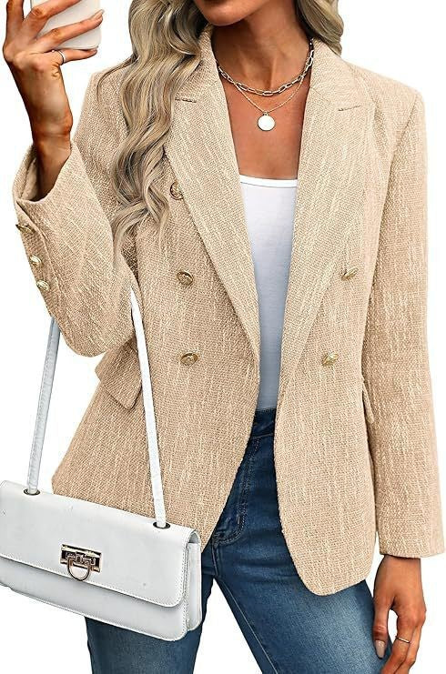 Smart casual women's double-breasted blazer, open front design with eye-catching gold buttons.