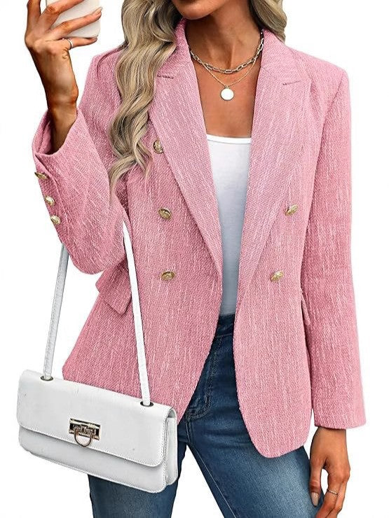 Women's stylish outerwear blazer, double-breasted, open front, accented with elegant gold buttons.