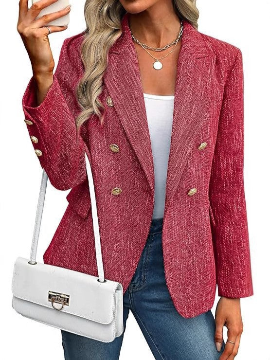 Chic women's textured double-breasted blazer jacket, open front style with prominent gold buttons.