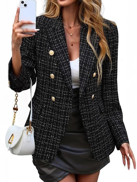 Professional women's open front blazer, double-breasted design with striking gold buttons for office wear.