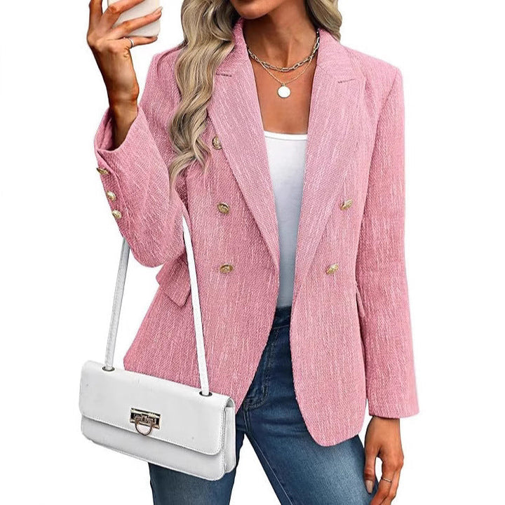 Versatile women's blazer, double-breasted & open front, gold buttons, ideal for office or smart casual outfits.