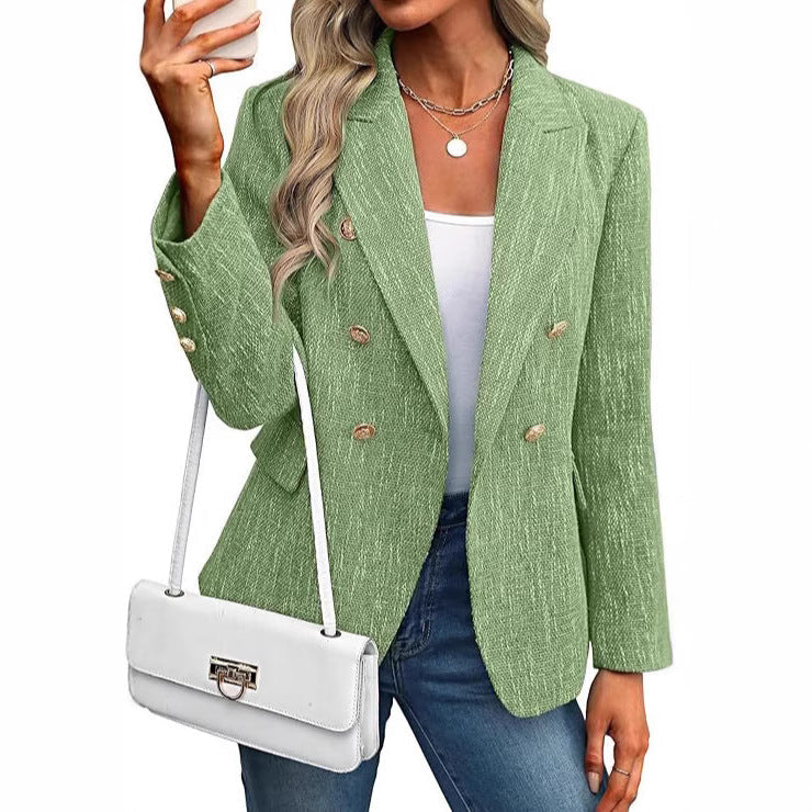 Elegant women's open front blazer, double-breasted with decorative gold buttons, perfect outerwear.