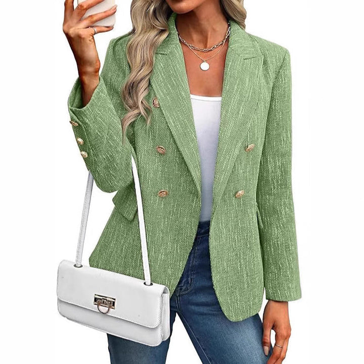 Elegant women's open front blazer, double-breasted with decorative gold buttons, perfect outerwear.