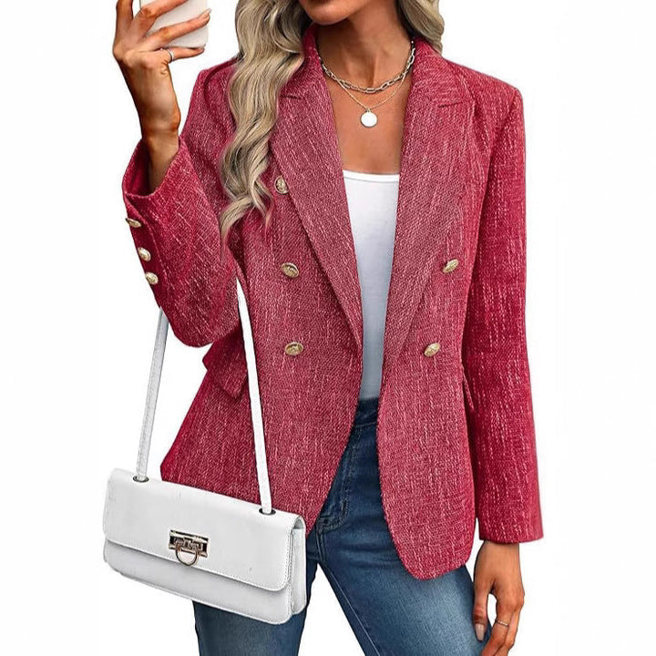 Modern women's double-breasted open front blazer, gold buttons, a chic and professional jacket.